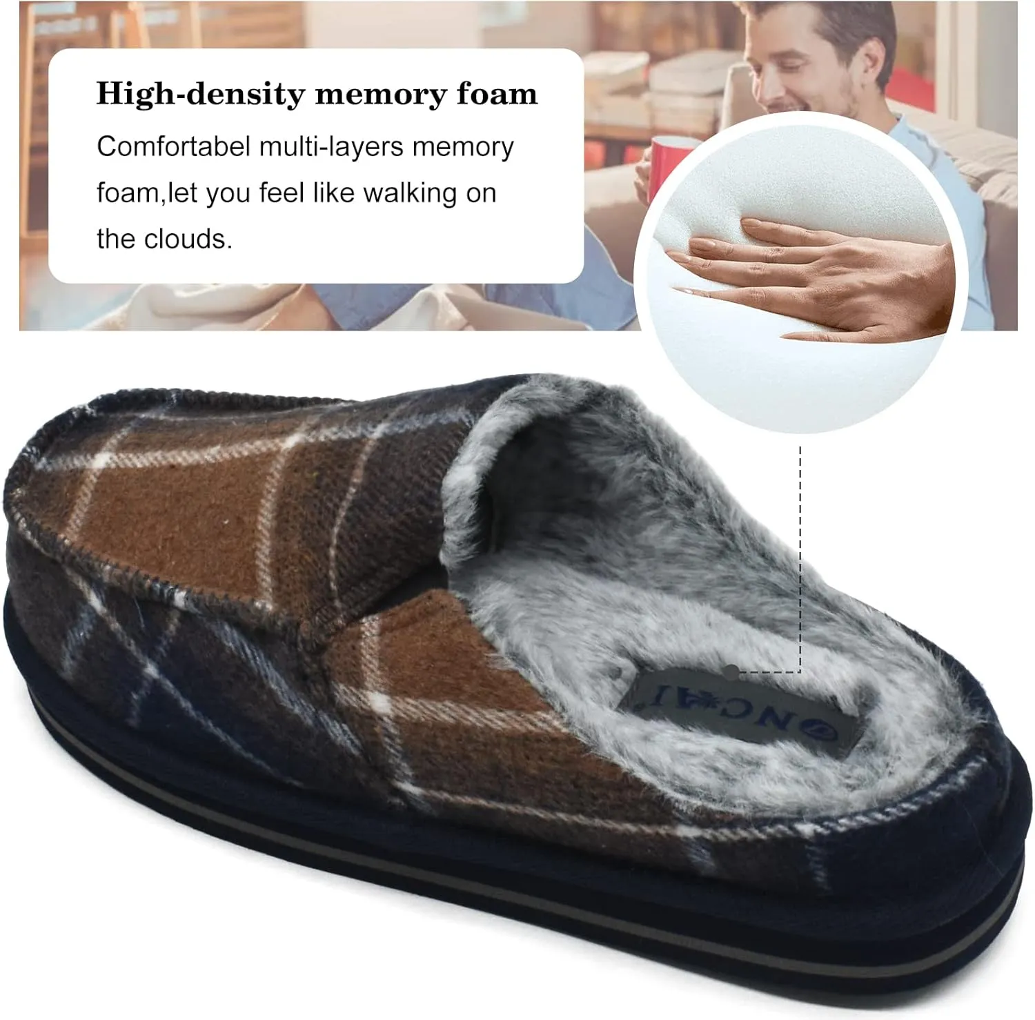 ONCAI Mens Clog Slippers with Arch Support Stripe Faux Fur Cotton-Blend High-Density Memory Foam Warm House Slippers Slip-on Indoor Outdoor Rubber Sole Size 7-16