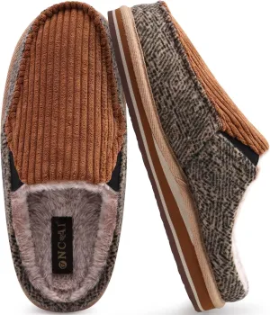 ONCAI Mens Clog Slippers with Arch Support Stripe Faux Fur Cotton-Blend High-Density Memory Foam Warm House Slippers Slip-on Indoor Outdoor Rubber Sole Size 7-16
