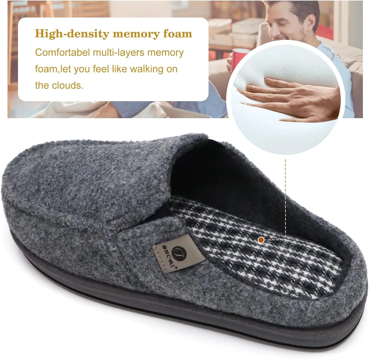 ONCAI Mens Clog Slippers with Arch Support Stripe Faux Fur Cotton-Blend High-Density Memory Foam Warm House Slippers Slip-on Indoor Outdoor Rubber Sole Size 7-16
