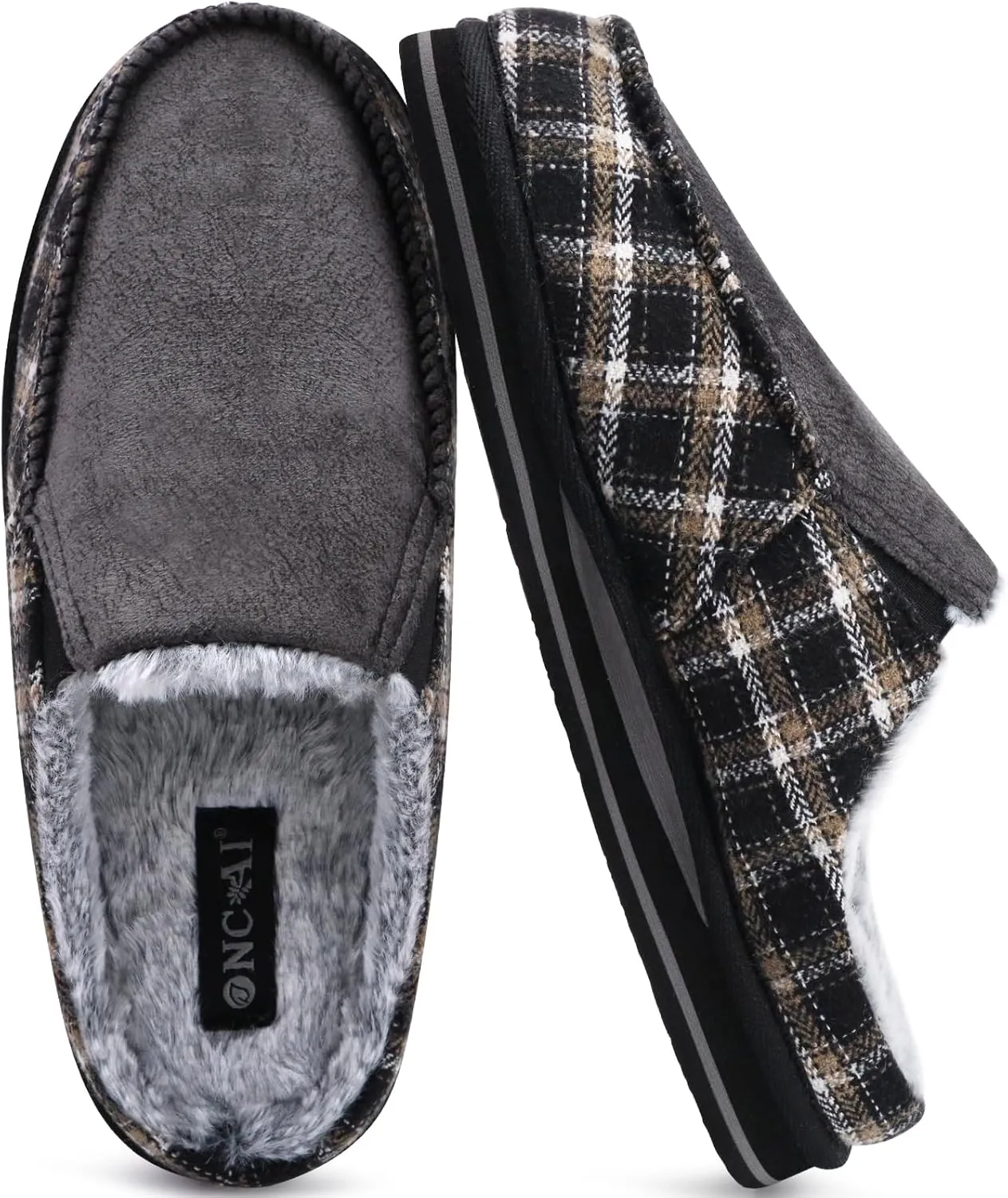 ONCAI Mens Clog Slippers with Arch Support Stripe Faux Fur Cotton-Blend High-Density Memory Foam Warm House Slippers Slip-on Indoor Outdoor Rubber Sole Size 7-16
