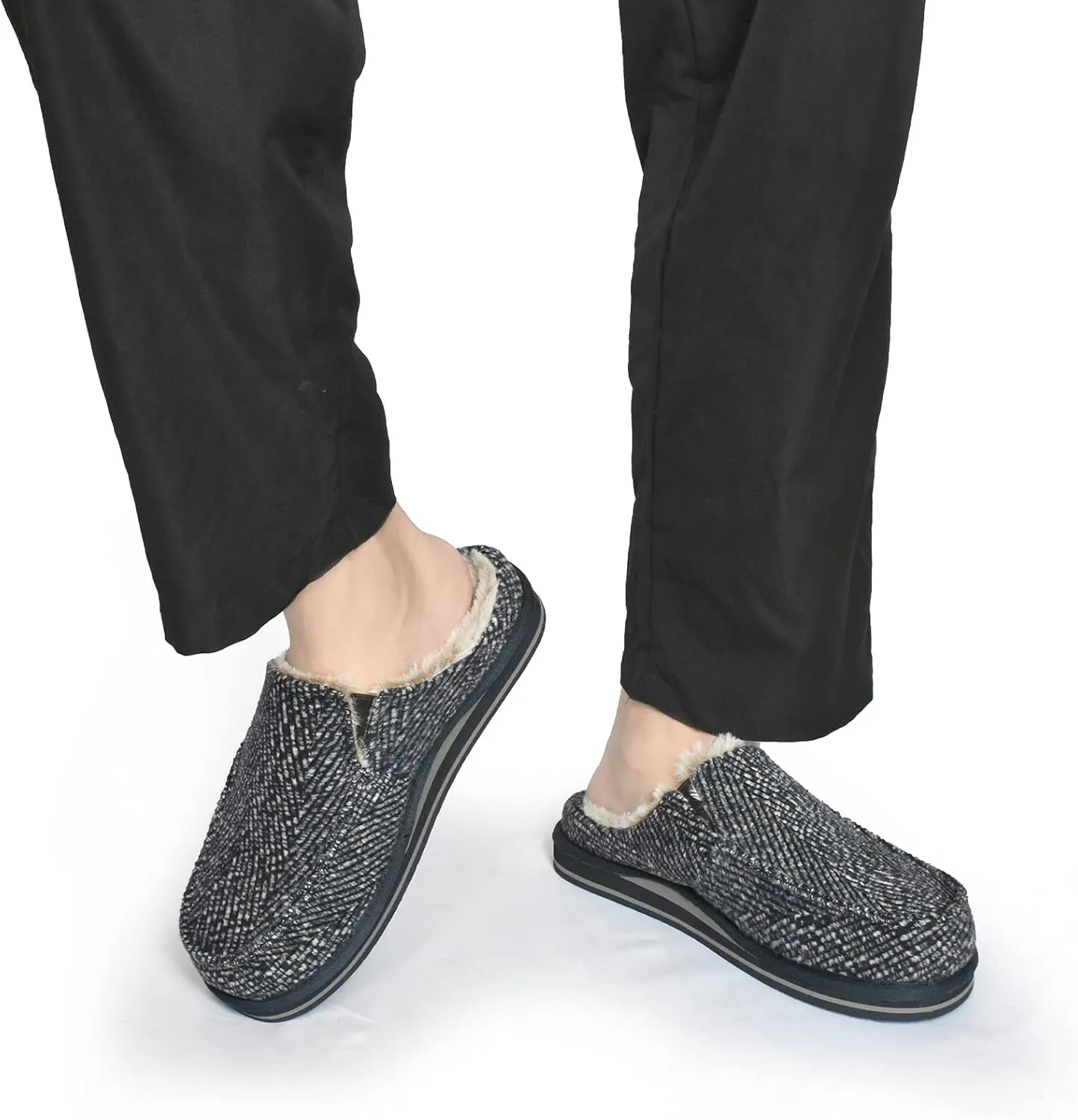 ONCAI Mens Clog Slippers with Arch Support Stripe Faux Fur Cotton-Blend High-Density Memory Foam Warm House Slippers Slip-on Indoor Outdoor Rubber Sole Size 7-16