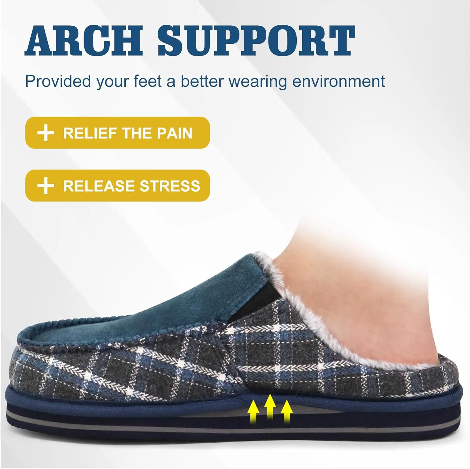 ONCAI Mens Clog Slippers with Arch Support Stripe Faux Fur Cotton-Blend High-Density Memory Foam Warm House Slippers Slip-on Indoor Outdoor Rubber Sole Size 7-16