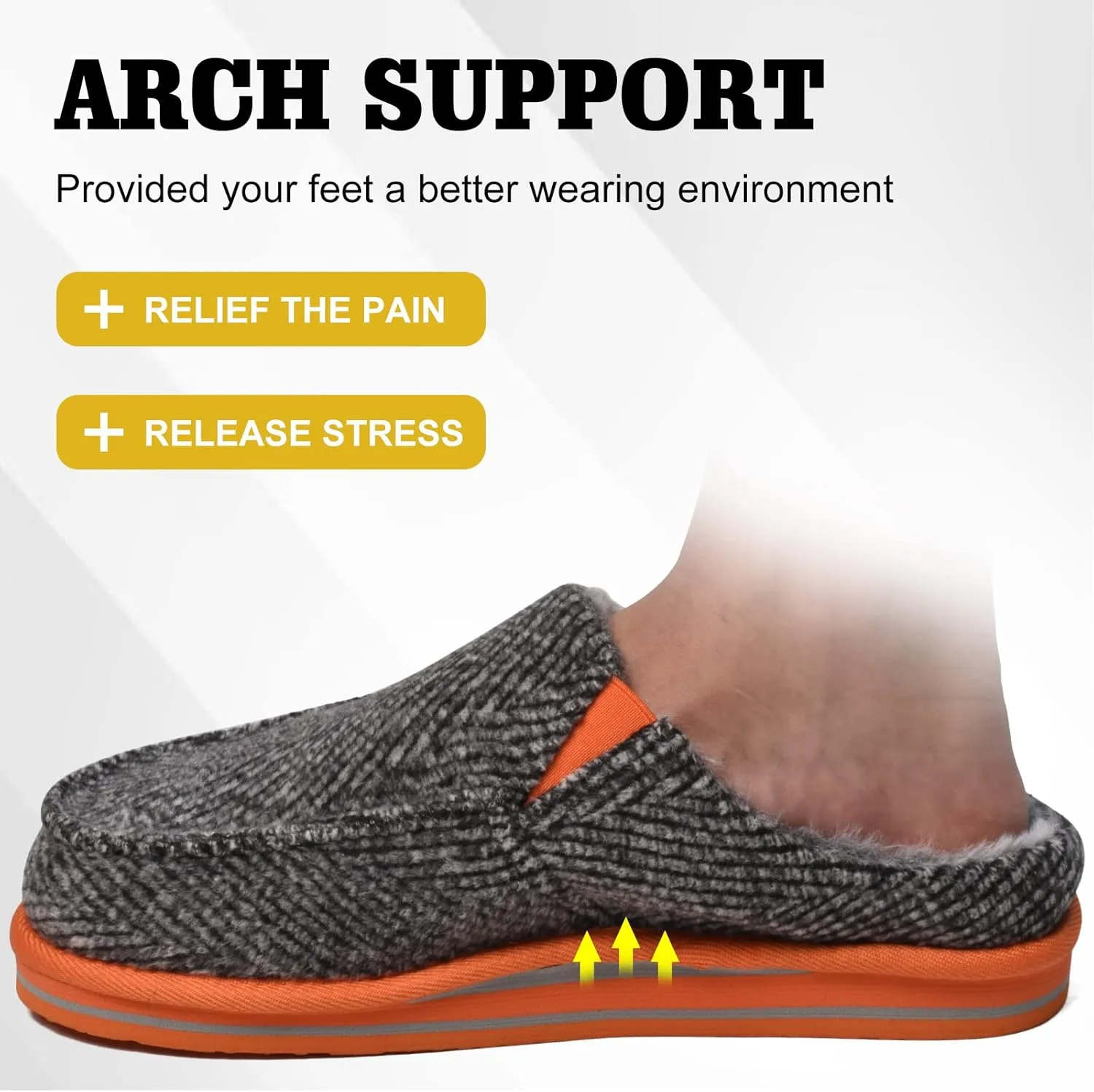 ONCAI Mens Clog Slippers with Arch Support Stripe Faux Fur Cotton-Blend High-Density Memory Foam Warm House Slippers Slip-on Indoor Outdoor Rubber Sole Size 7-16
