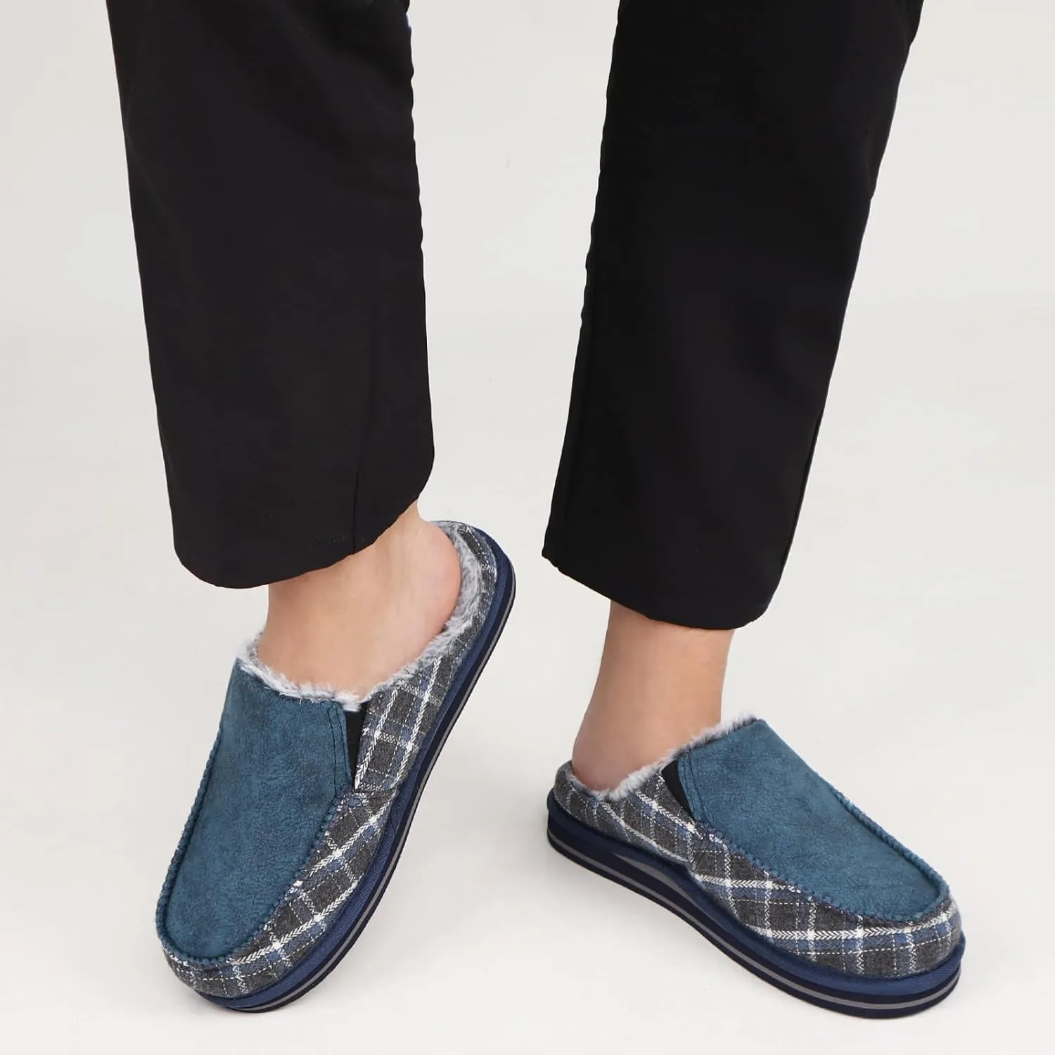ONCAI Mens Clog Slippers with Arch Support Stripe Faux Fur Cotton-Blend High-Density Memory Foam Warm House Slippers Slip-on Indoor Outdoor Rubber Sole Size 7-16