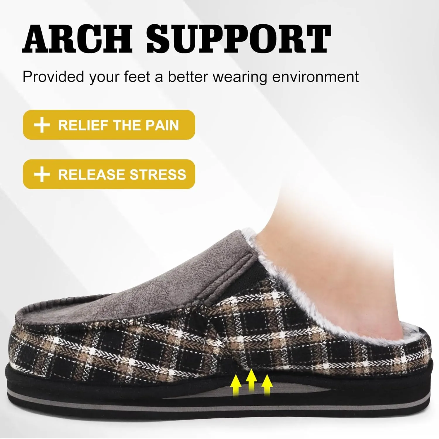 ONCAI Mens Clog Slippers with Arch Support Stripe Faux Fur Cotton-Blend High-Density Memory Foam Warm House Slippers Slip-on Indoor Outdoor Rubber Sole Size 7-16