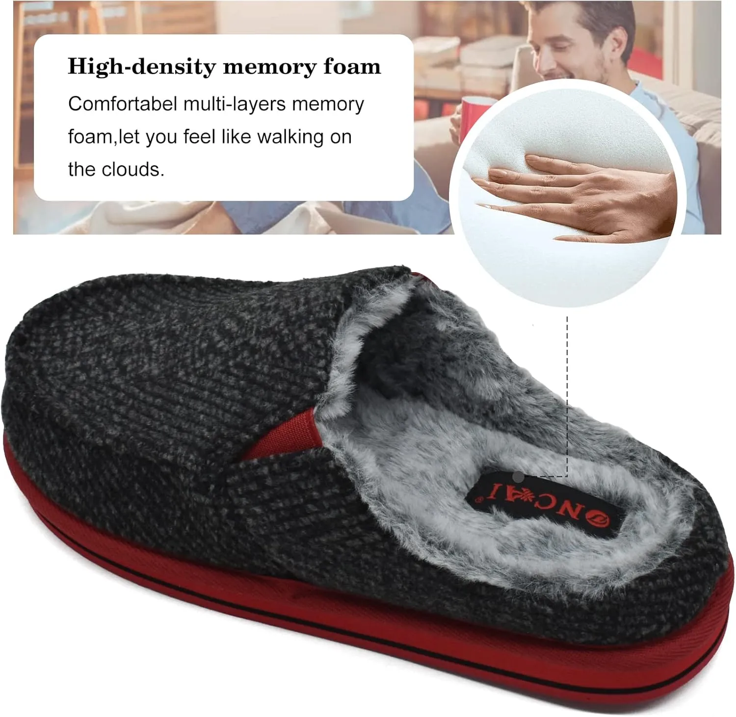ONCAI Mens Clog Slippers with Arch Support Stripe Faux Fur Cotton-Blend High-Density Memory Foam Warm House Slippers Slip-on Indoor Outdoor Rubber Sole Size 7-16