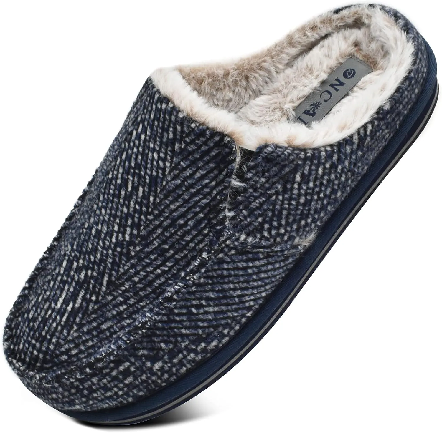 ONCAI Mens Clog Slippers with Arch Support Stripe Faux Fur Cotton-Blend High-Density Memory Foam Warm House Slippers Slip-on Indoor Outdoor Rubber Sole Size 7-16