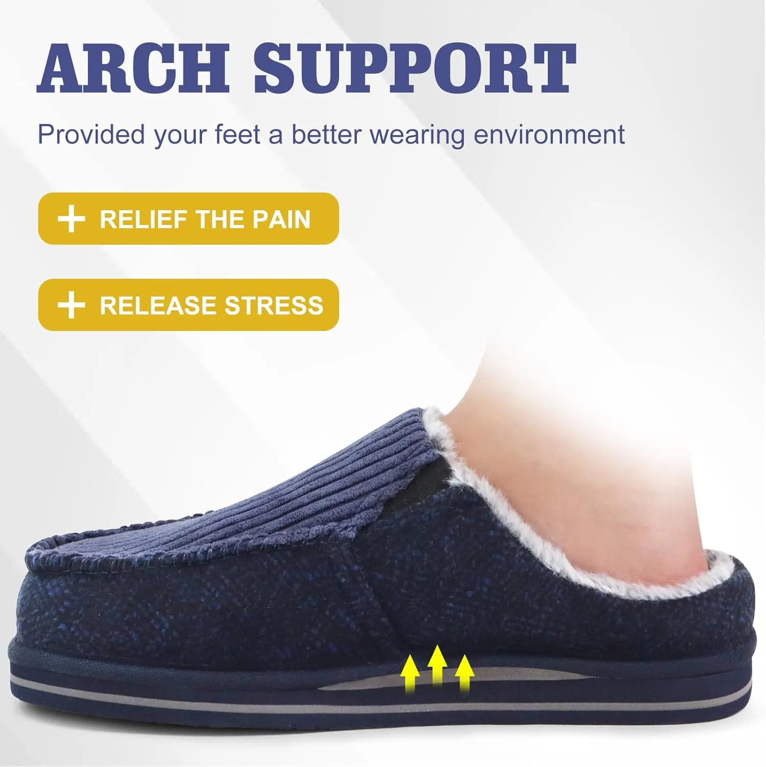 ONCAI Mens Clog Slippers with Arch Support Stripe Faux Fur Cotton-Blend High-Density Memory Foam Warm House Slippers Slip-on Indoor Outdoor Rubber Sole Size 7-16