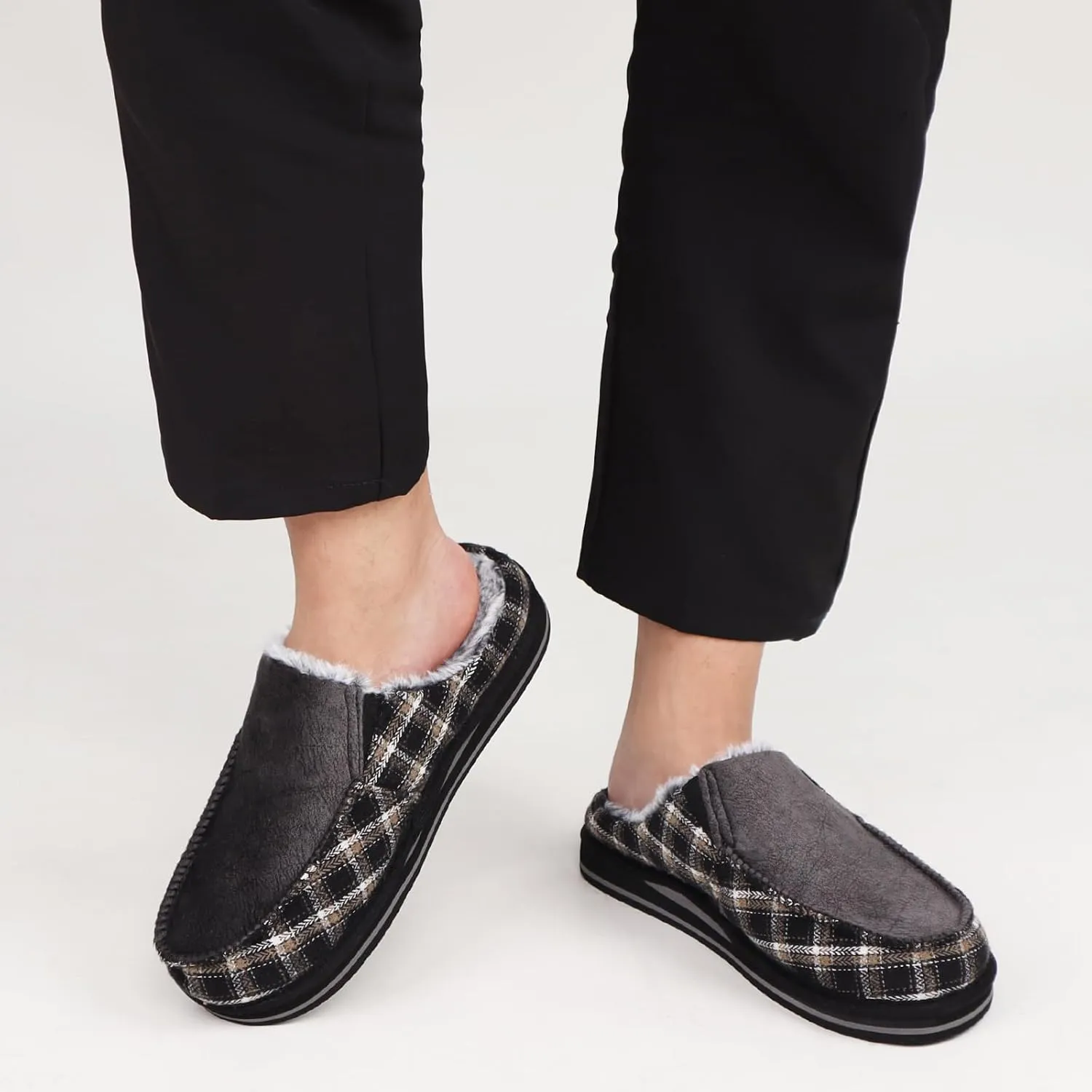 ONCAI Mens Clog Slippers with Arch Support Stripe Faux Fur Cotton-Blend High-Density Memory Foam Warm House Slippers Slip-on Indoor Outdoor Rubber Sole Size 7-16