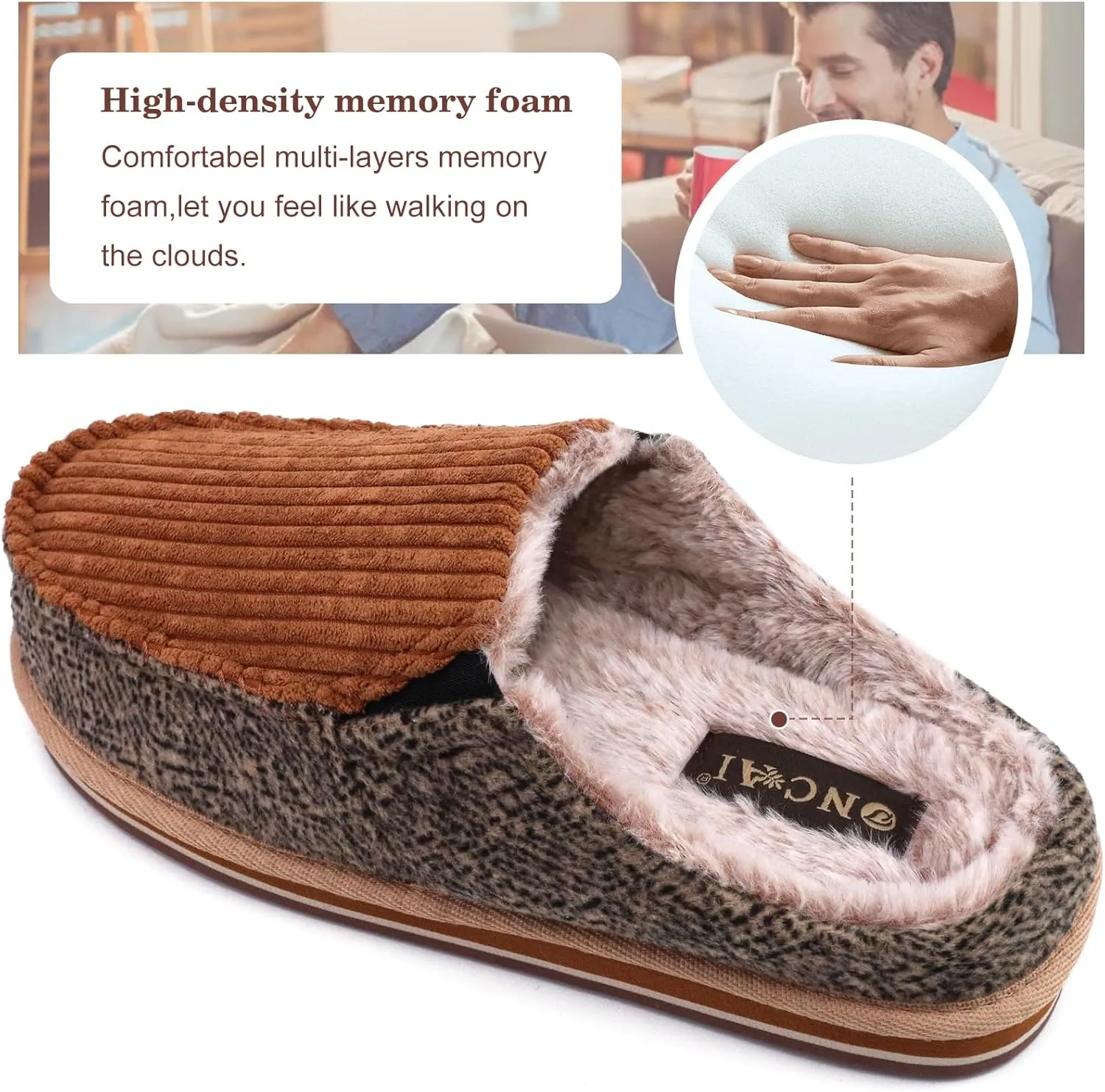 ONCAI Mens Clog Slippers with Arch Support Stripe Faux Fur Cotton-Blend High-Density Memory Foam Warm House Slippers Slip-on Indoor Outdoor Rubber Sole Size 7-16