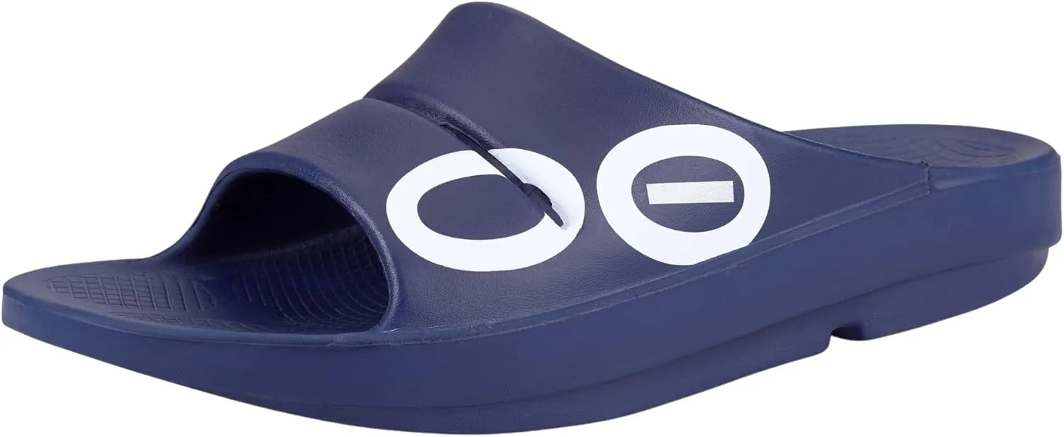 OOFOS OOahh Sport Slide Sandal, Navy White - Men’s Size 11, Women’s Size 13 - Lightweight Recovery Footwear - Reduces Stress on Feet, Joints & Back - Machine Washable - Hand-Painted Graphics