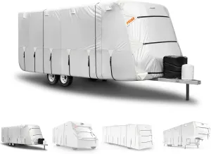 Oxford Fabric Travel Trailer Cover RV Cover 35'-38' Waterproof Rip-Resistant Anti-UV Camper Cover for Winter Snow with Jack Cover 4 Tire Covers and Gutter Covers