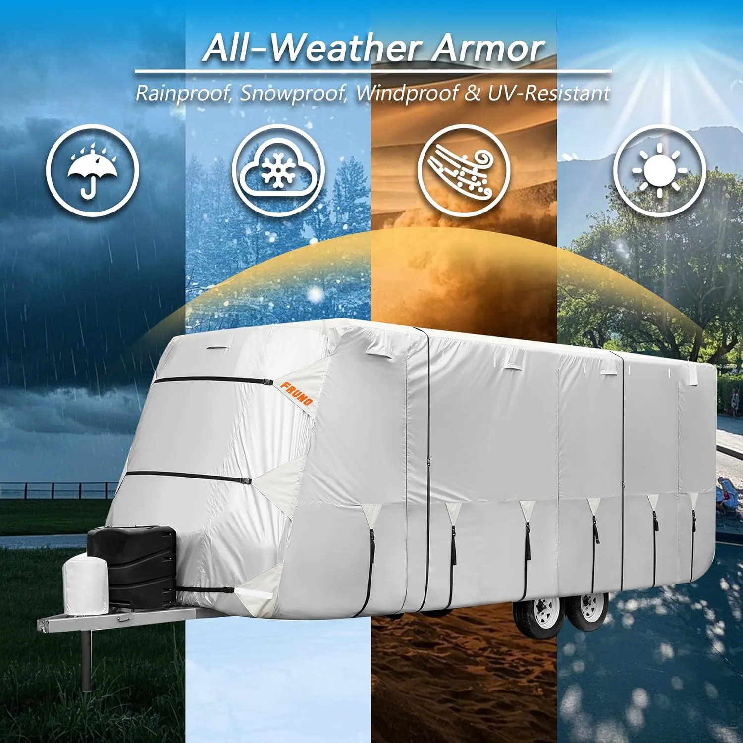 Oxford Fabric Travel Trailer Cover RV Cover 35'-38' Waterproof Rip-Resistant Anti-UV Camper Cover for Winter Snow with Jack Cover 4 Tire Covers and Gutter Covers