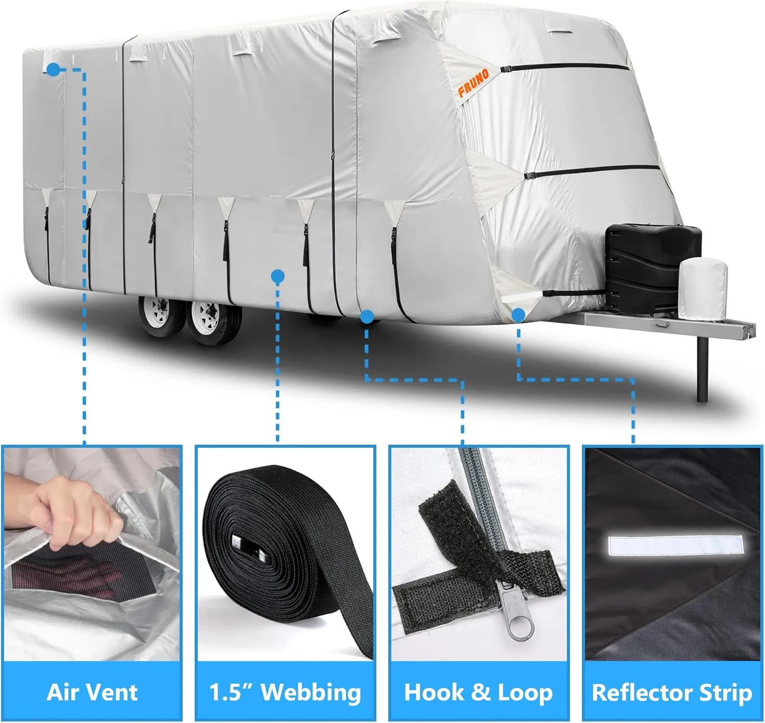 Oxford Fabric Travel Trailer Cover RV Cover 35'-38' Waterproof Rip-Resistant Anti-UV Camper Cover for Winter Snow with Jack Cover 4 Tire Covers and Gutter Covers