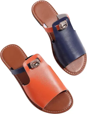 OYOANGLE Women's PU Leather Color Block Sandals Open Toe Wide Band Flat Slide On Sandals Lightweight Walking Shoes