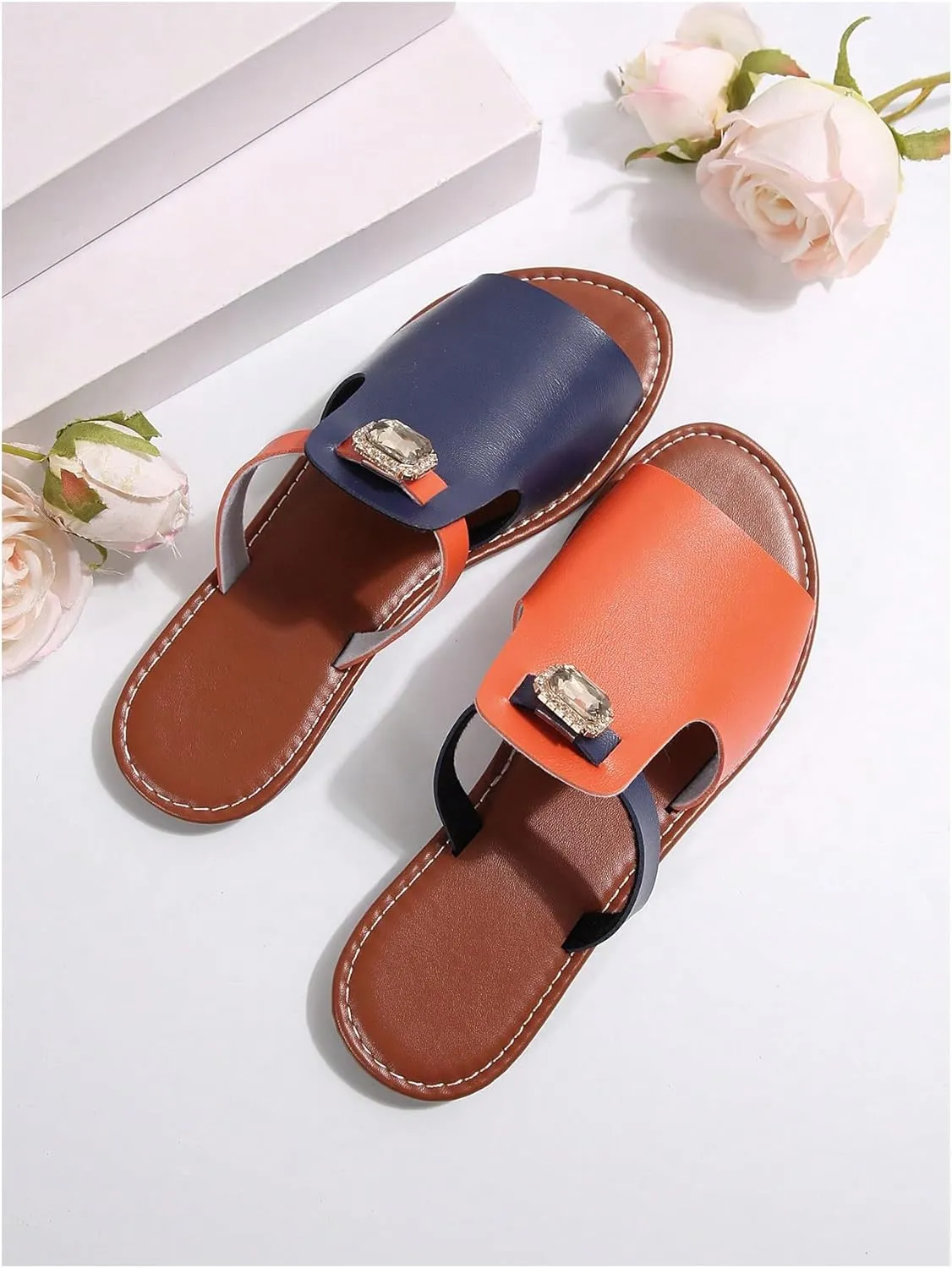 OYOANGLE Women's PU Leather Color Block Sandals Open Toe Wide Band Flat Slide On Sandals Lightweight Walking Shoes
