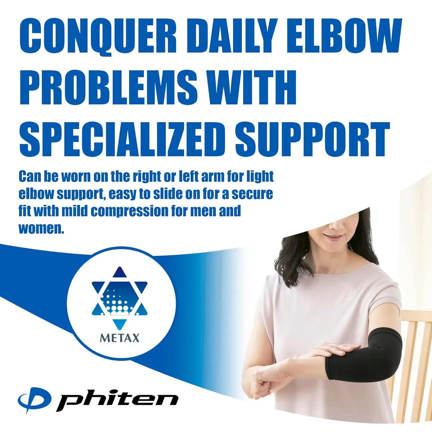 Phiten Metax Elbow Support Sleeve Brace - Slip On Lightweight, Warm Fabric Permeated with Premium Aqua-Metals for Relief, Mild Compression for Light Exercise, Workouts, Daily Wear for Men and Women - Black, Small/Medium