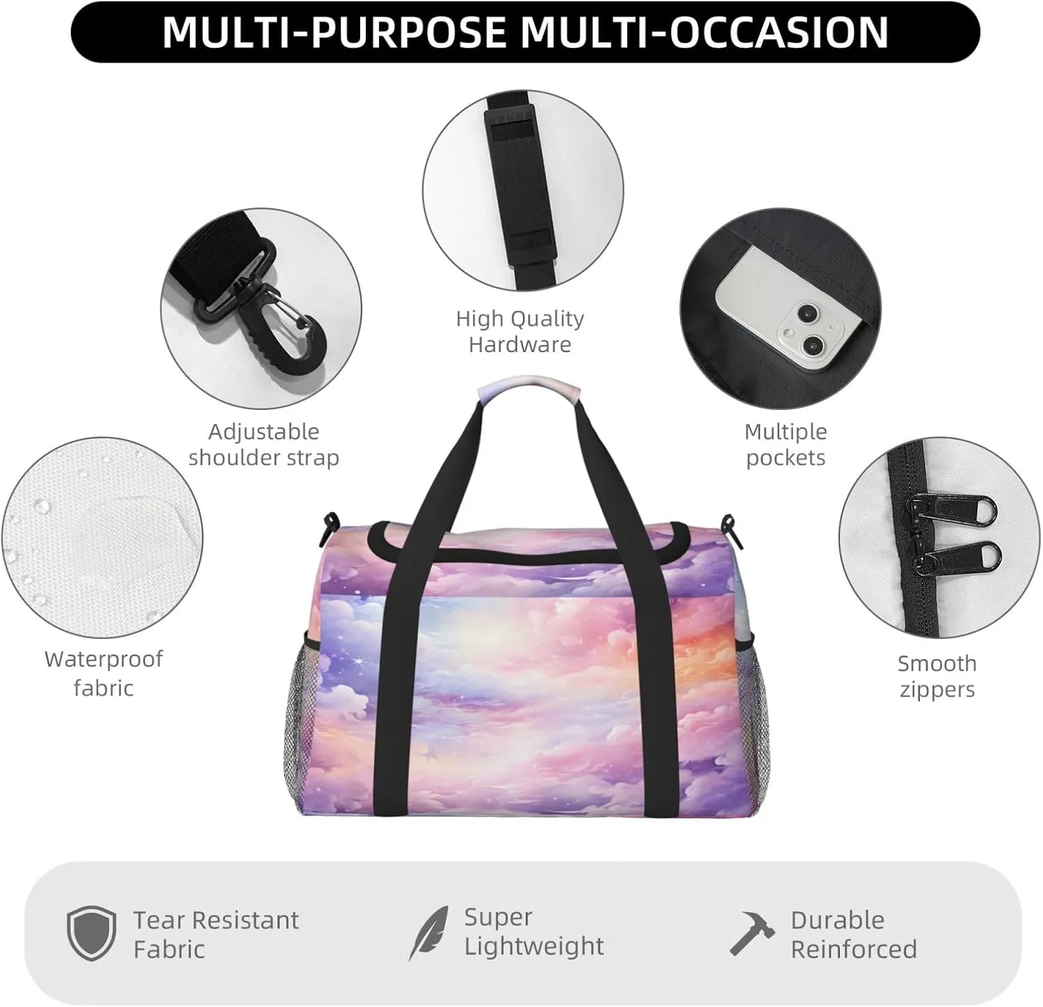 Pink Purple Nebula Universe Travel Duffel Bag with Strap Multi Pockets Sports Bag Handbag Large Shoulder Bag for Gym Weekend Fitness Camping