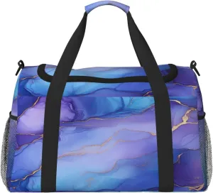 Purple Blue Marble Texture Travel Duffel Bag with Strap Multi Pockets Sports Bag Handbag Large Shoulder Bag for Gym Weekend Fitness Camping