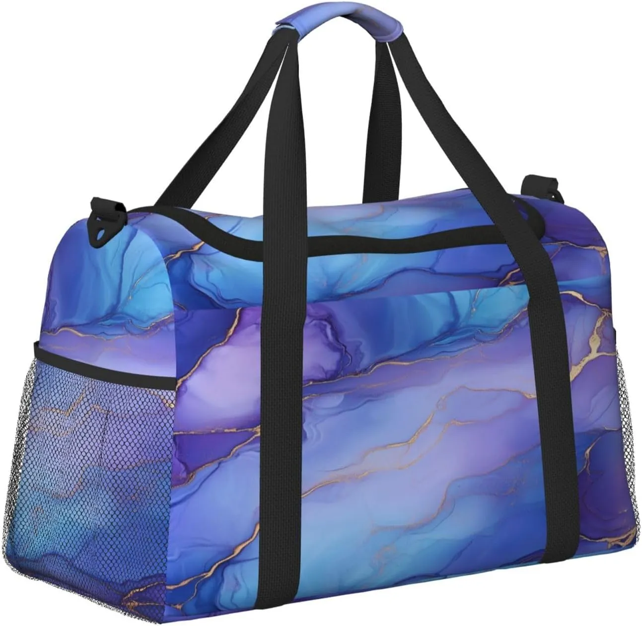 Purple Blue Marble Texture Travel Duffel Bag with Strap Multi Pockets Sports Bag Handbag Large Shoulder Bag for Gym Weekend Fitness Camping