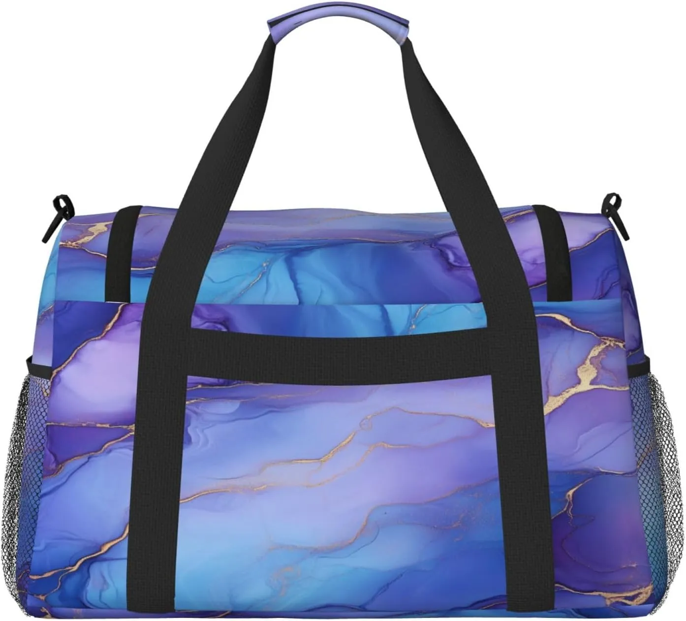 Purple Blue Marble Texture Travel Duffel Bag with Strap Multi Pockets Sports Bag Handbag Large Shoulder Bag for Gym Weekend Fitness Camping