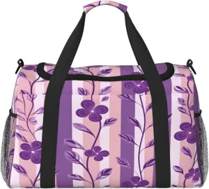 Purple Flower Stripe Travel Duffel Bag with Strap Multi Pockets Sports Bag Handbag Large Shoulder Bag for Gym Weekend Fitness Camping