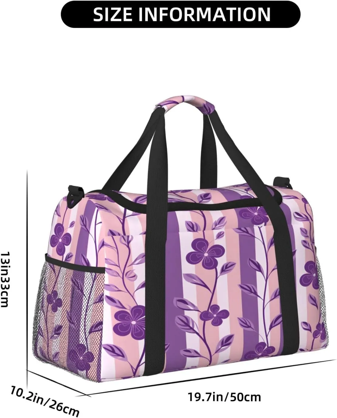 Purple Flower Stripe Travel Duffel Bag with Strap Multi Pockets Sports Bag Handbag Large Shoulder Bag for Gym Weekend Fitness Camping