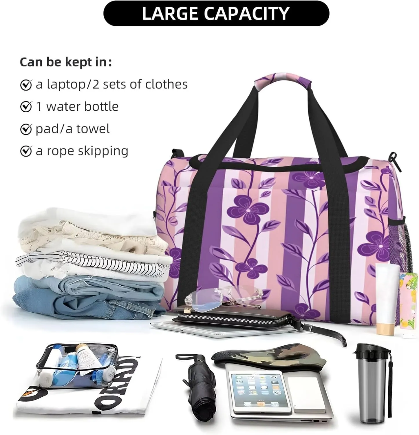 Purple Flower Stripe Travel Duffel Bag with Strap Multi Pockets Sports Bag Handbag Large Shoulder Bag for Gym Weekend Fitness Camping