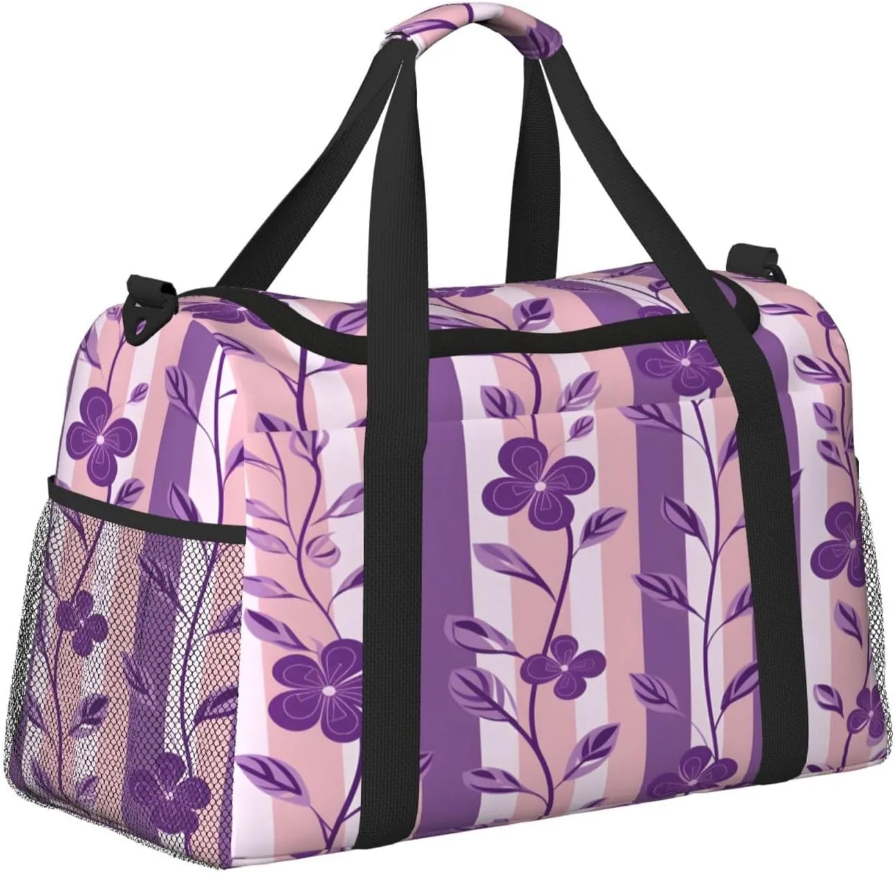 Purple Flower Stripe Travel Duffel Bag with Strap Multi Pockets Sports Bag Handbag Large Shoulder Bag for Gym Weekend Fitness Camping