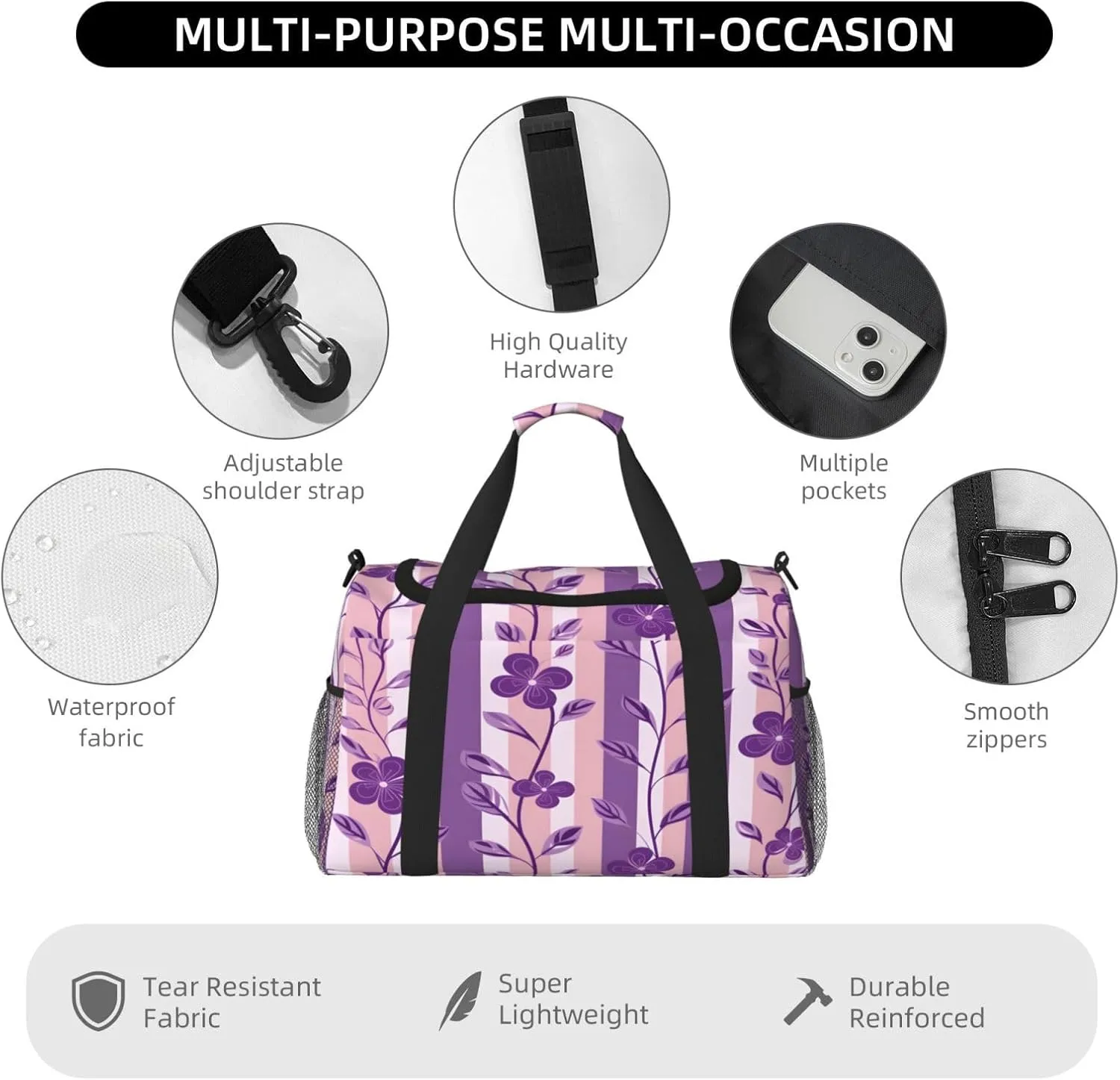 Purple Flower Stripe Travel Duffel Bag with Strap Multi Pockets Sports Bag Handbag Large Shoulder Bag for Gym Weekend Fitness Camping