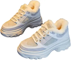 Purubylley Women's Leather Lace Up Platform Increase Height Sneakers,Fashion Comfortable Warm Fleece Lining Casual High Top Sport Cotton Shoes