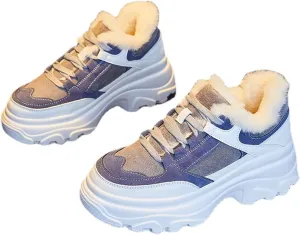 Purubylley Women's Leather Lace Up Platform Increase Height Sneakers,Fashion Comfortable Warm Fleece Lining Casual High Top Sport Cotton Shoes