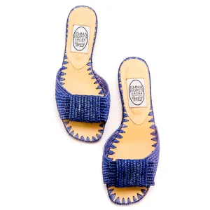 Raffia Open Flat Bow Mule-China Blue