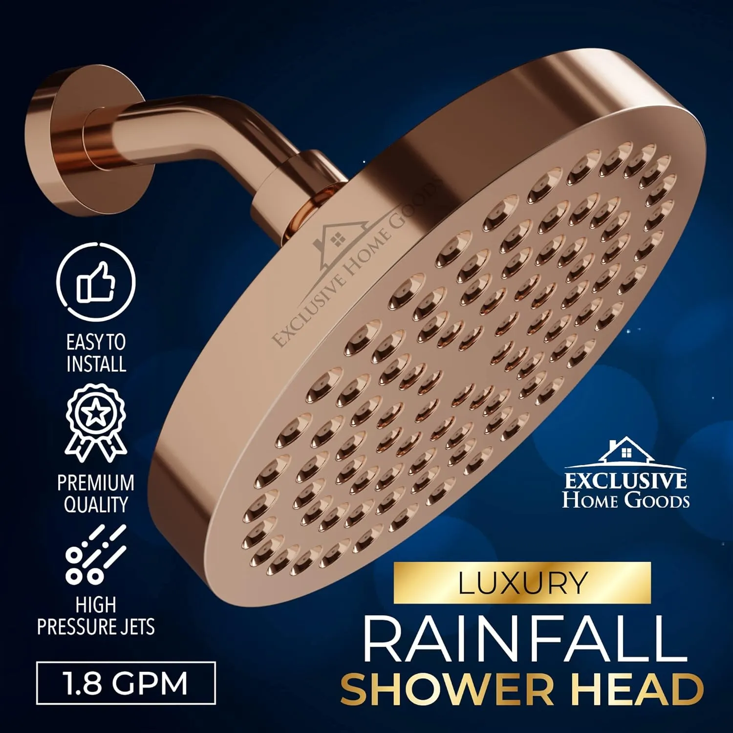 Rainfall Shower Head - 6" High Pressure Shower Heads - 1.8 GPM Shower Heads with Anti-Clog 90 Rubber Jets - 360° Rotation Adjustable Shower Head - Rustproof Bathroom Shower Head - Rose Gold