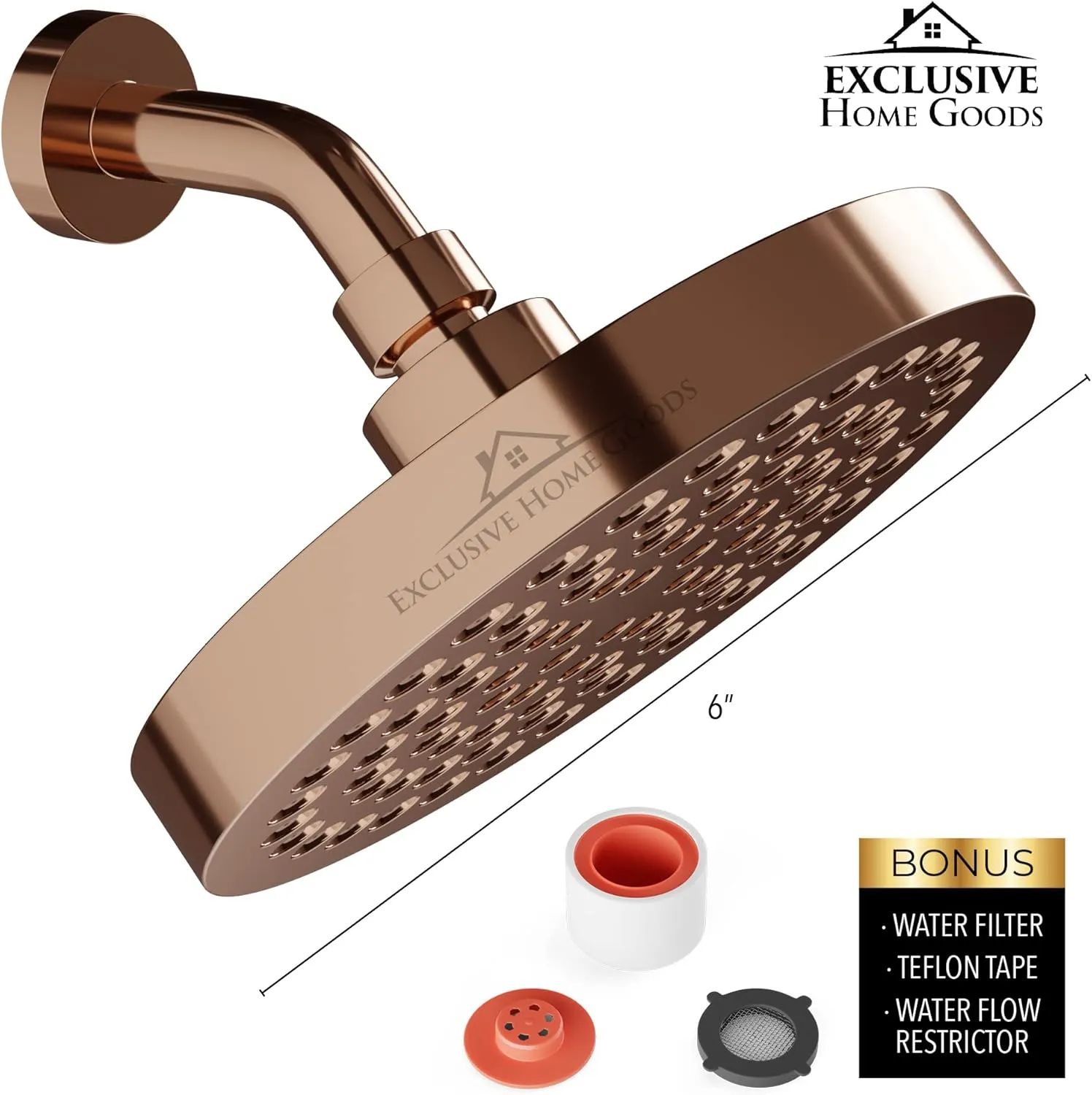 Rainfall Shower Head - 6" High Pressure Shower Heads - 1.8 GPM Shower Heads with Anti-Clog 90 Rubber Jets - 360° Rotation Adjustable Shower Head - Rustproof Bathroom Shower Head - Rose Gold