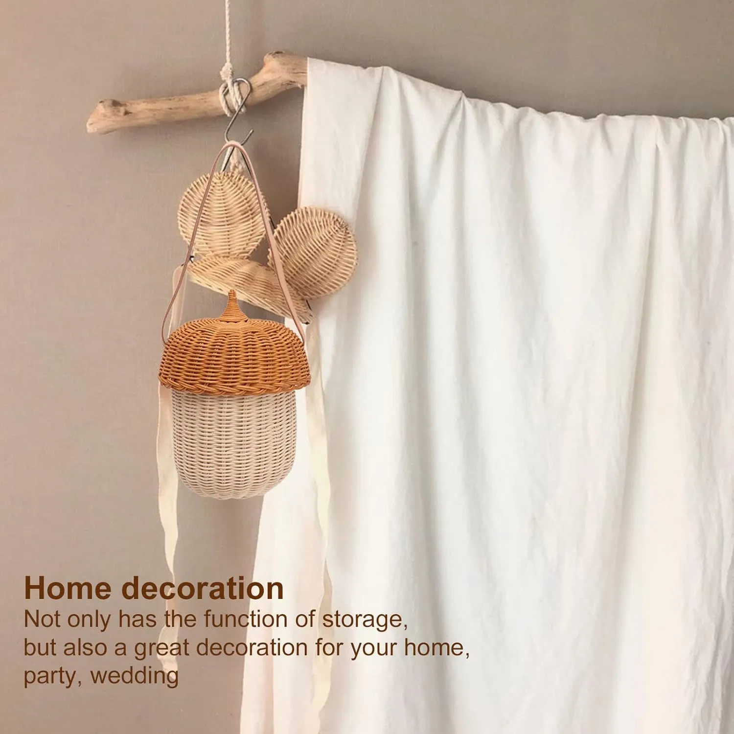 Rattan Bag, Kids Rattan Storage Basket Acorn Shaped Basket Kids Shoulder Bag Acorn Basket Decorative Basket for Photography Prop (L)