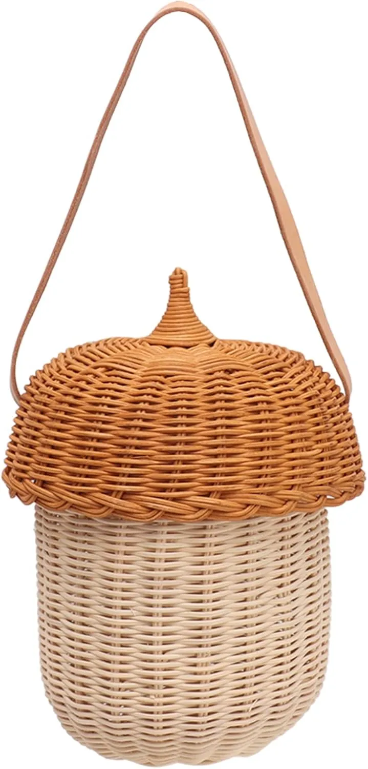 Rattan Bag, Kids Rattan Storage Basket Acorn Shaped Basket Kids Shoulder Bag Acorn Basket Decorative Basket for Photography Prop (L)