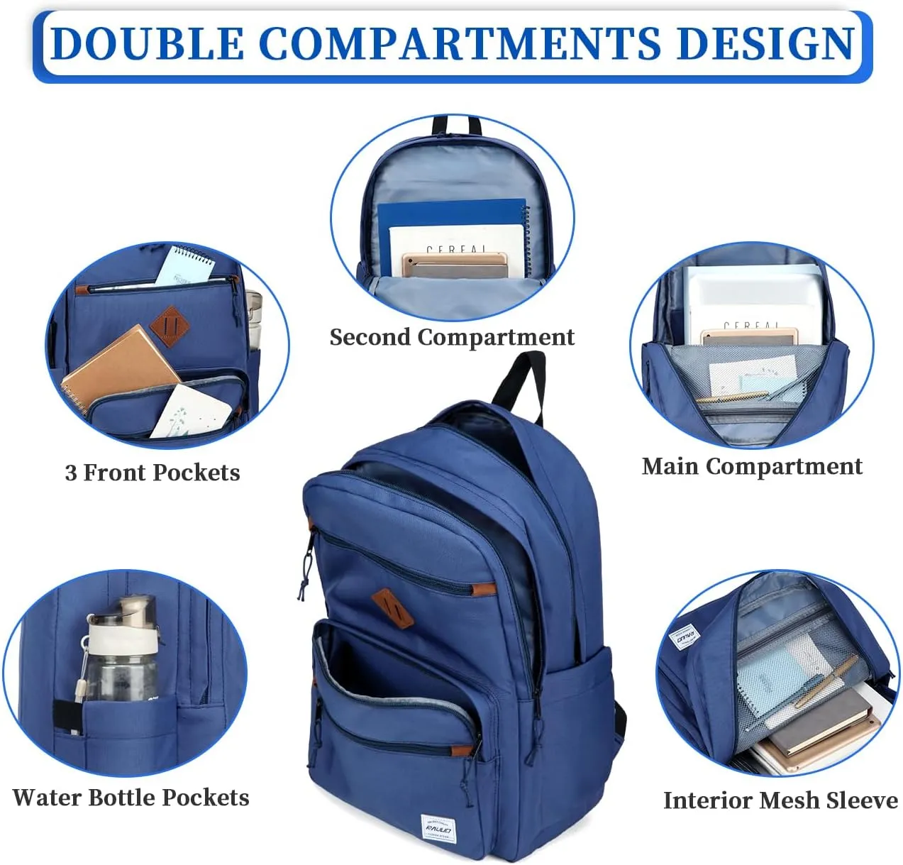 RAVUO School Backpack, Unisex Large Bookbag Water Resistant Lightweight Schoolbag Casual Daypack for High School/College/Teens/Travel/Work for Men Women Blue
