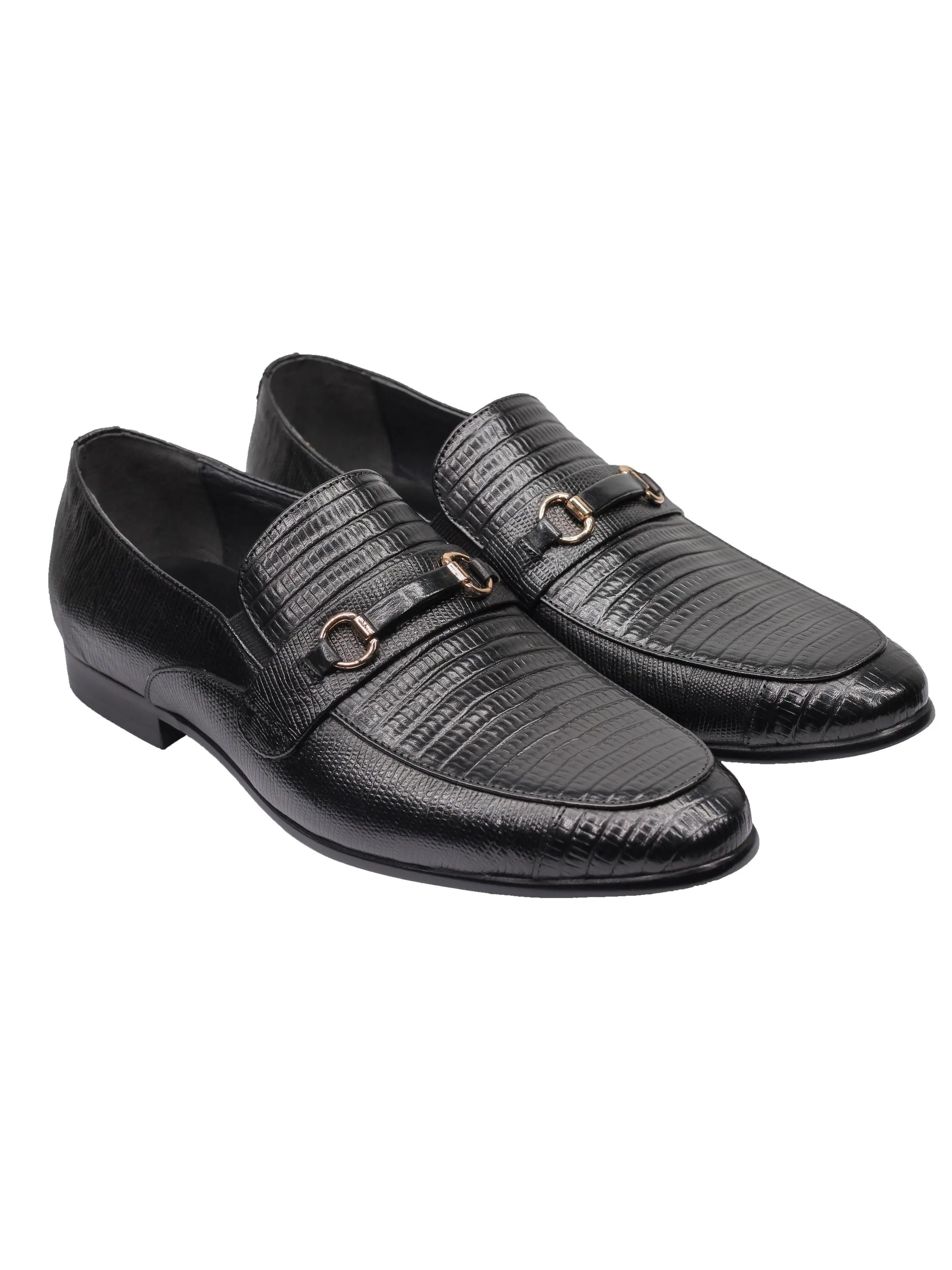 REAL LEATHER BLACK PRINTED SHOES WITH BUCKLE