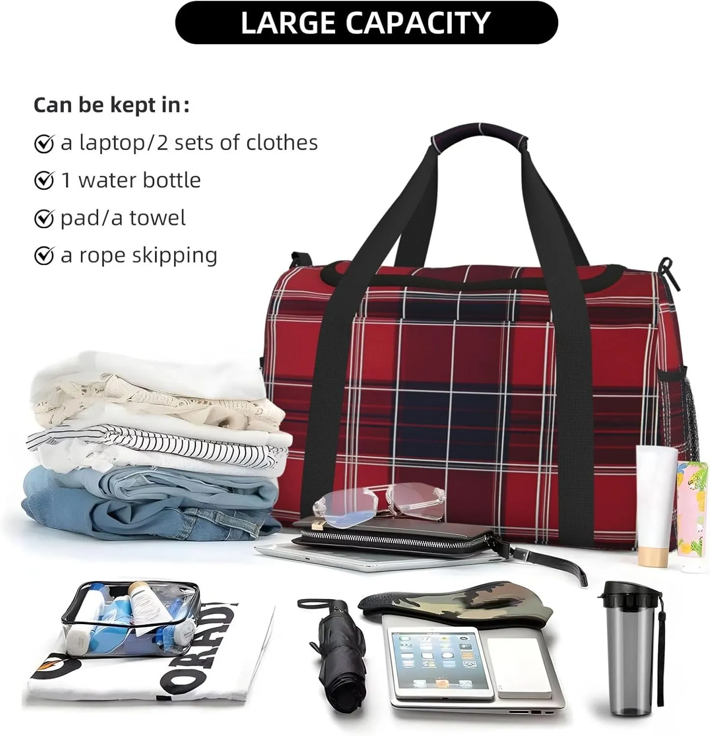 Red Buffalo Plaid Travel Duffel Bag with Strap Multi Pockets Sports Bag Handbag Large Shoulder Bag for Gym Weekend Fitness Camping