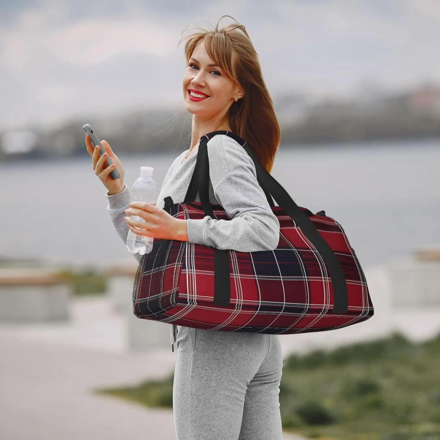 Red Buffalo Plaid Travel Duffel Bag with Strap Multi Pockets Sports Bag Handbag Large Shoulder Bag for Gym Weekend Fitness Camping