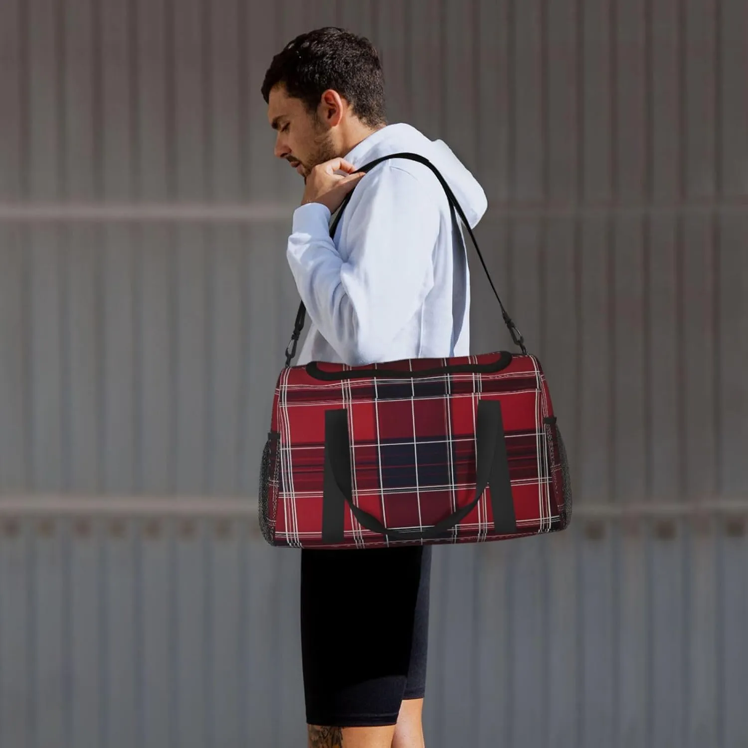 Red Buffalo Plaid Travel Duffel Bag with Strap Multi Pockets Sports Bag Handbag Large Shoulder Bag for Gym Weekend Fitness Camping