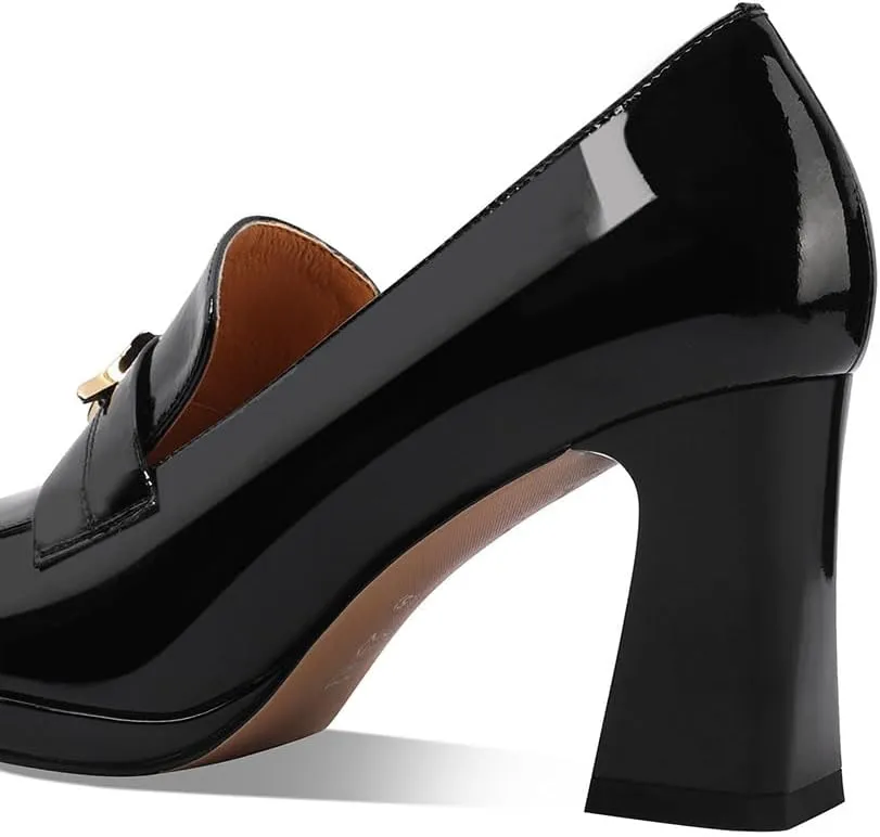 sarawill Women's Chunky High Heel Loafers Closed Square Toe Block Heel Pumps with Metal Buckle Comfortable Slip-On Business Work Dress Shoes