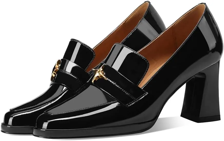 sarawill Women's Chunky High Heel Loafers Closed Square Toe Block Heel Pumps with Metal Buckle Comfortable Slip-On Business Work Dress Shoes