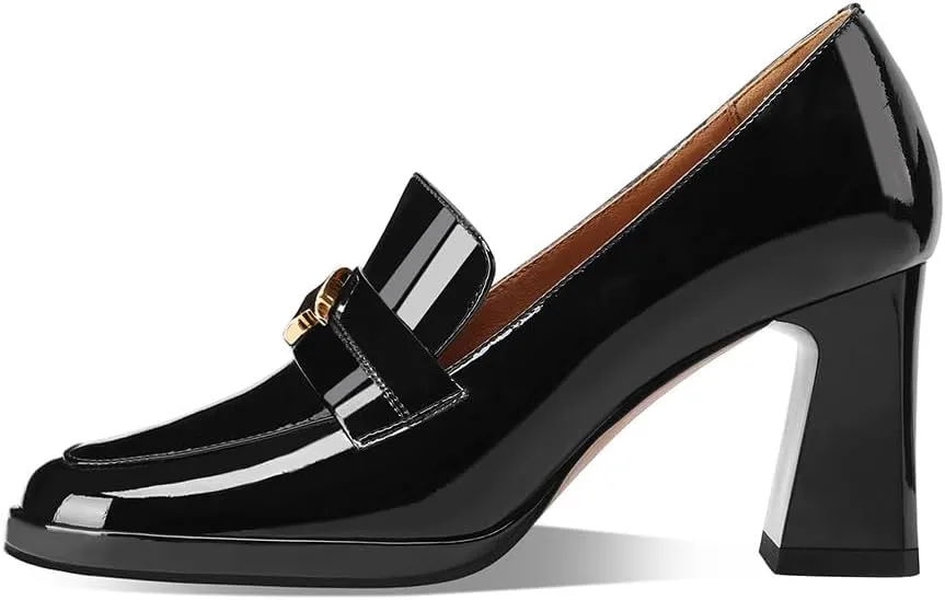 sarawill Women's Chunky High Heel Loafers Closed Square Toe Block Heel Pumps with Metal Buckle Comfortable Slip-On Business Work Dress Shoes