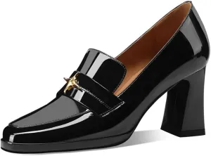 sarawill Women's Chunky High Heel Loafers Closed Square Toe Block Heel Pumps with Metal Buckle Comfortable Slip-On Business Work Dress Shoes
