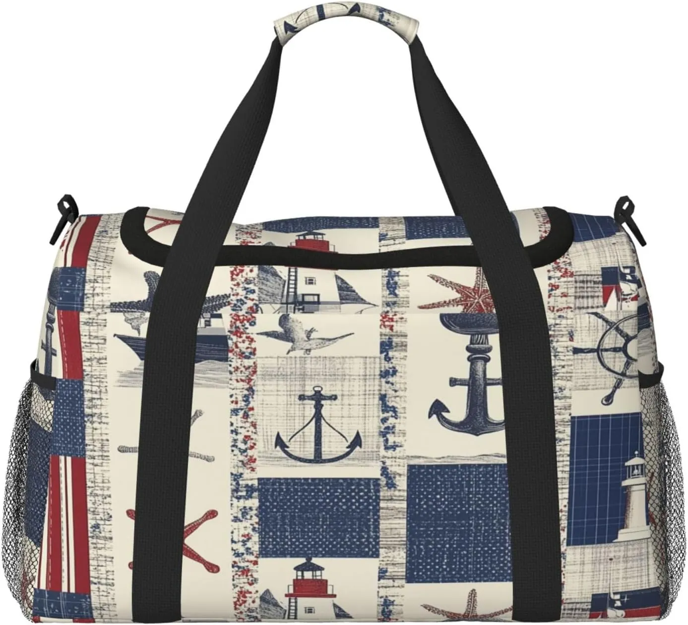 Sea Lighthouse Starfish Patchwork Travel Duffel Bag with Strap Multi Pockets Sports Bag Handbag Large Shoulder Bag for Gym Weekend Fitness Camping