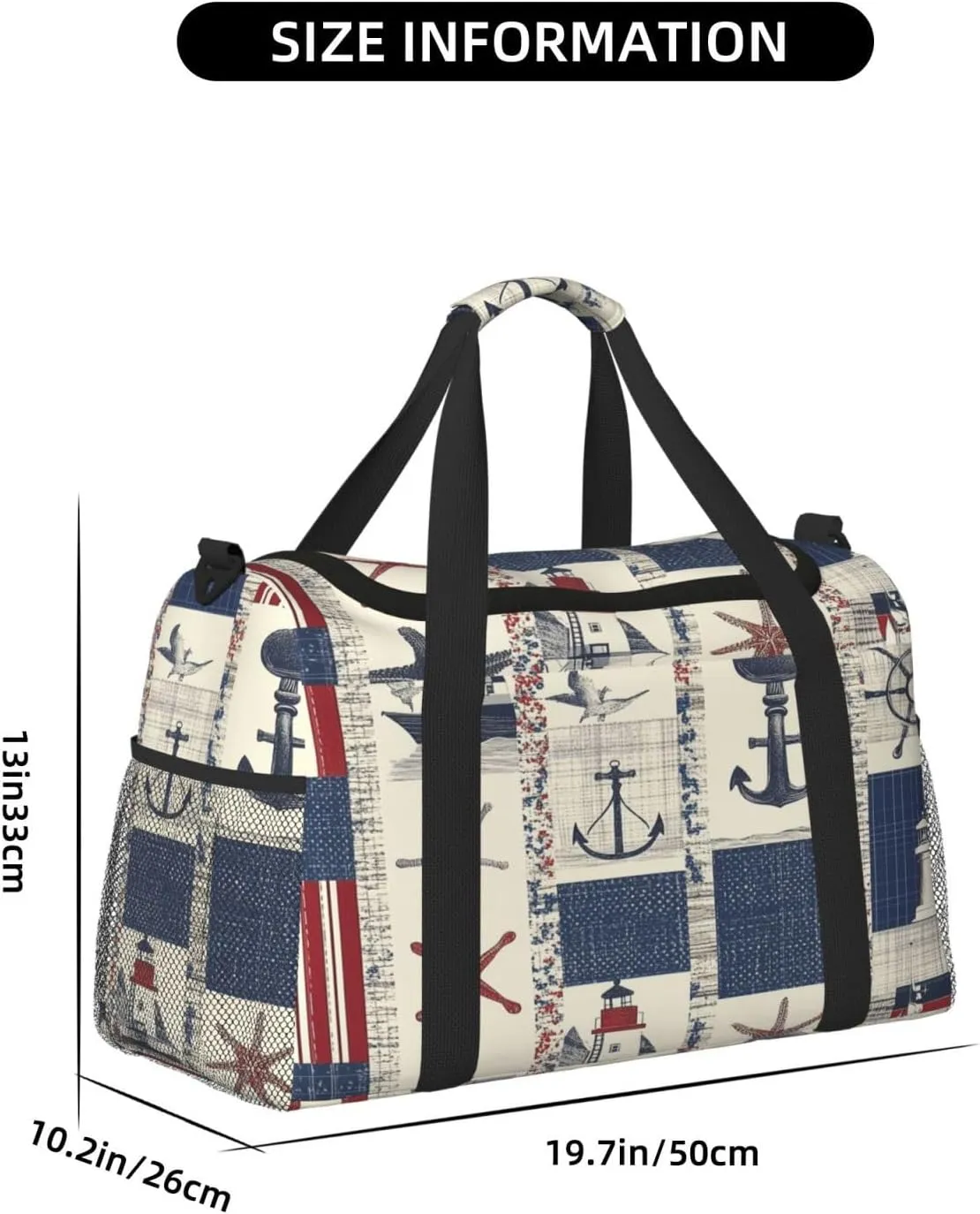 Sea Lighthouse Starfish Patchwork Travel Duffel Bag with Strap Multi Pockets Sports Bag Handbag Large Shoulder Bag for Gym Weekend Fitness Camping