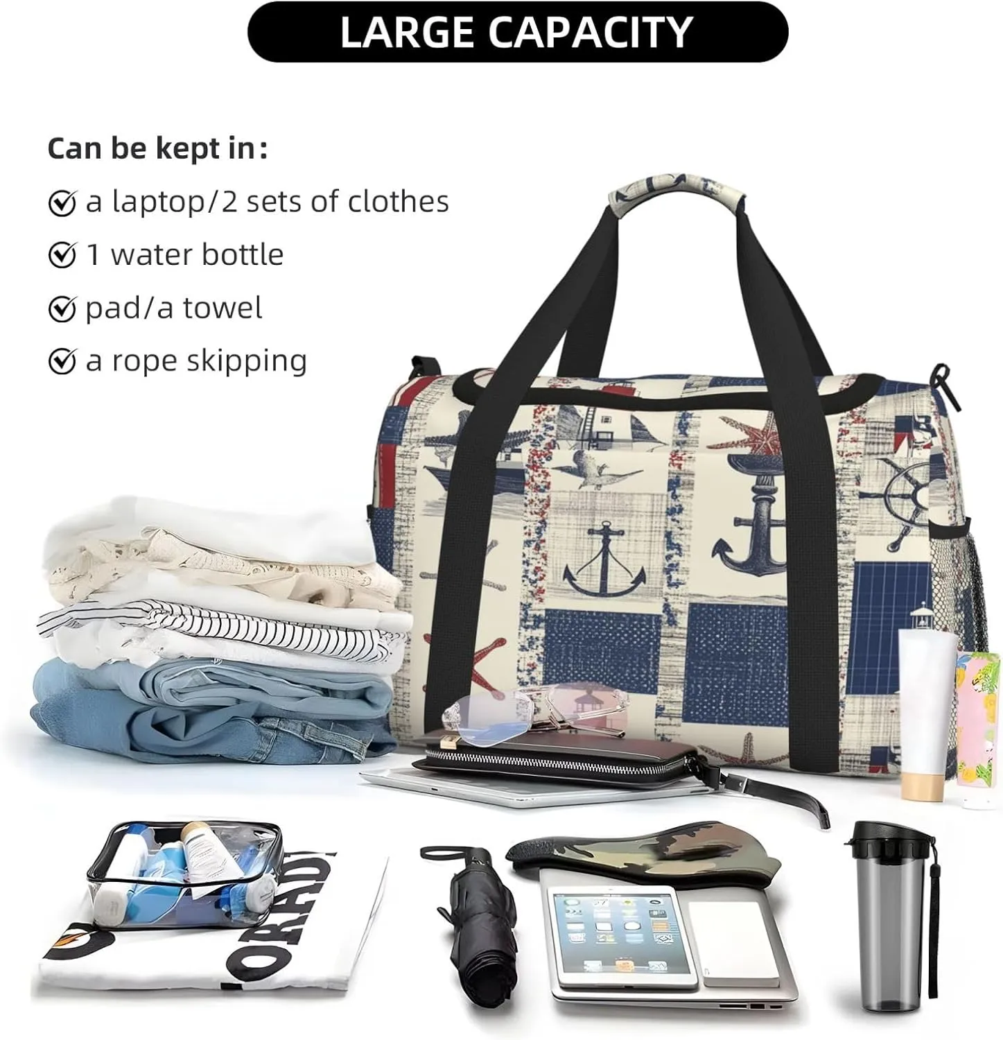 Sea Lighthouse Starfish Patchwork Travel Duffel Bag with Strap Multi Pockets Sports Bag Handbag Large Shoulder Bag for Gym Weekend Fitness Camping