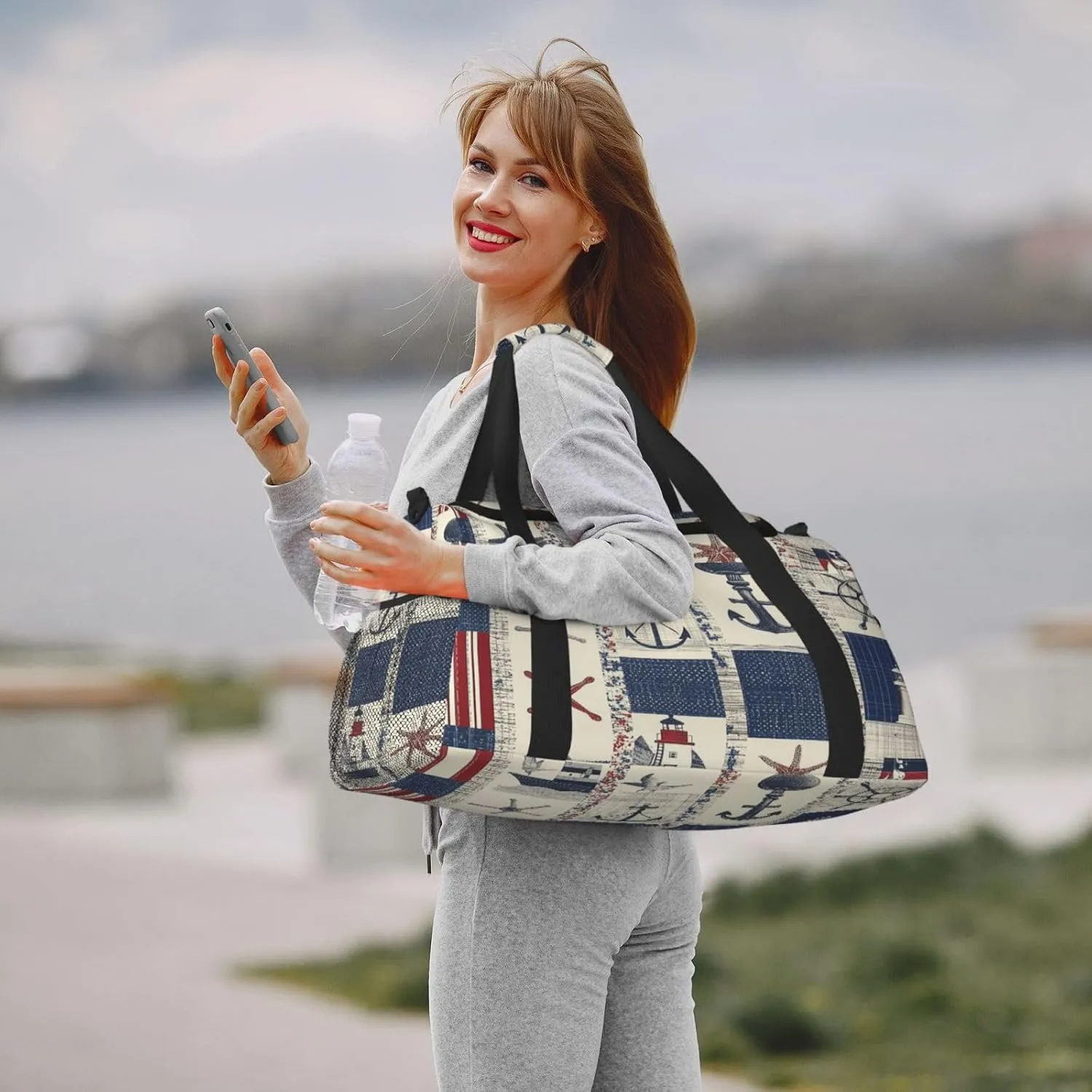 Sea Lighthouse Starfish Patchwork Travel Duffel Bag with Strap Multi Pockets Sports Bag Handbag Large Shoulder Bag for Gym Weekend Fitness Camping